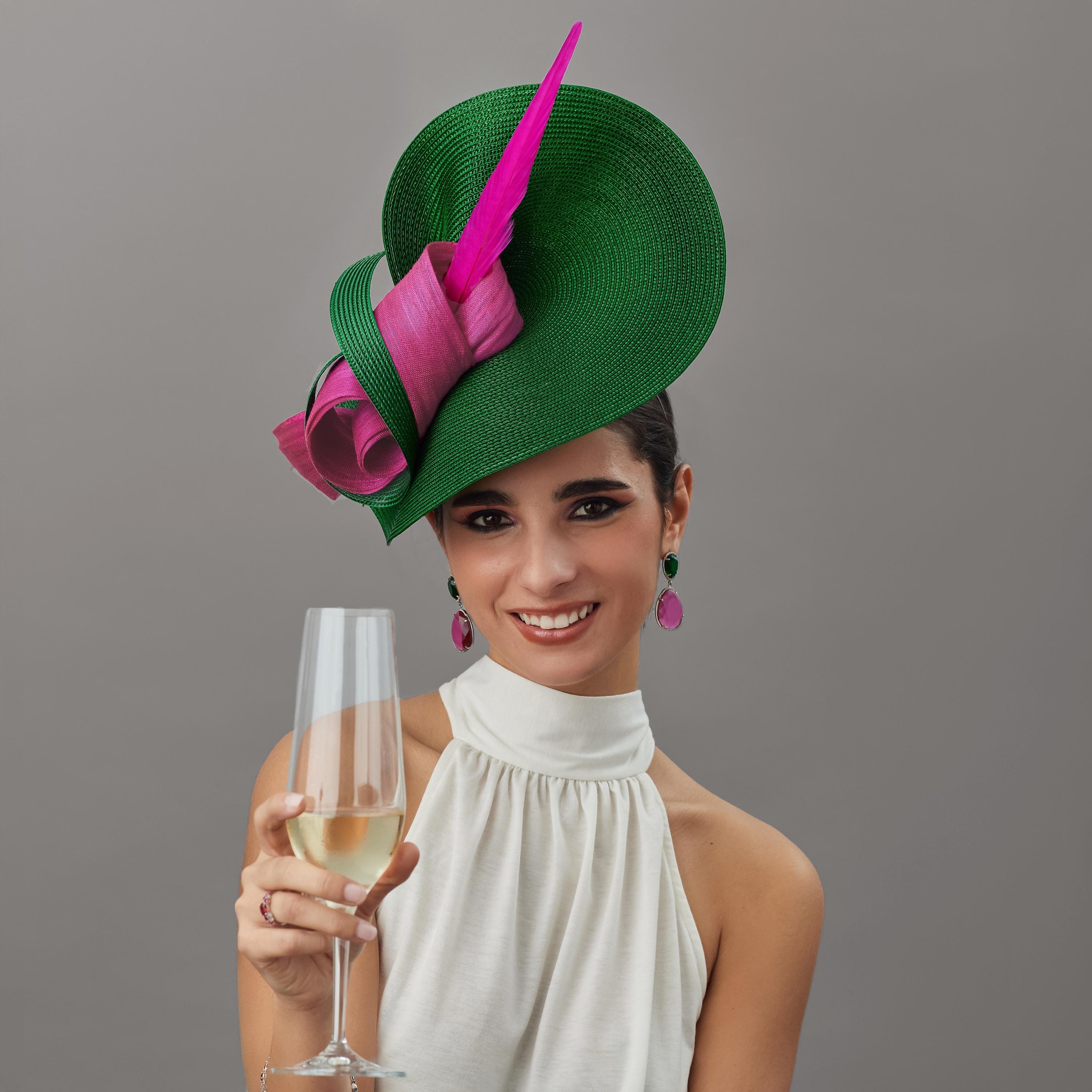 Kentucky Derby Hat Elegant Fuchsia & Green Fascinator Ready Royal Ascot Hat Large Fuchsia Hot Pink Emerald Green Kentucky Derby Hat  main image 4