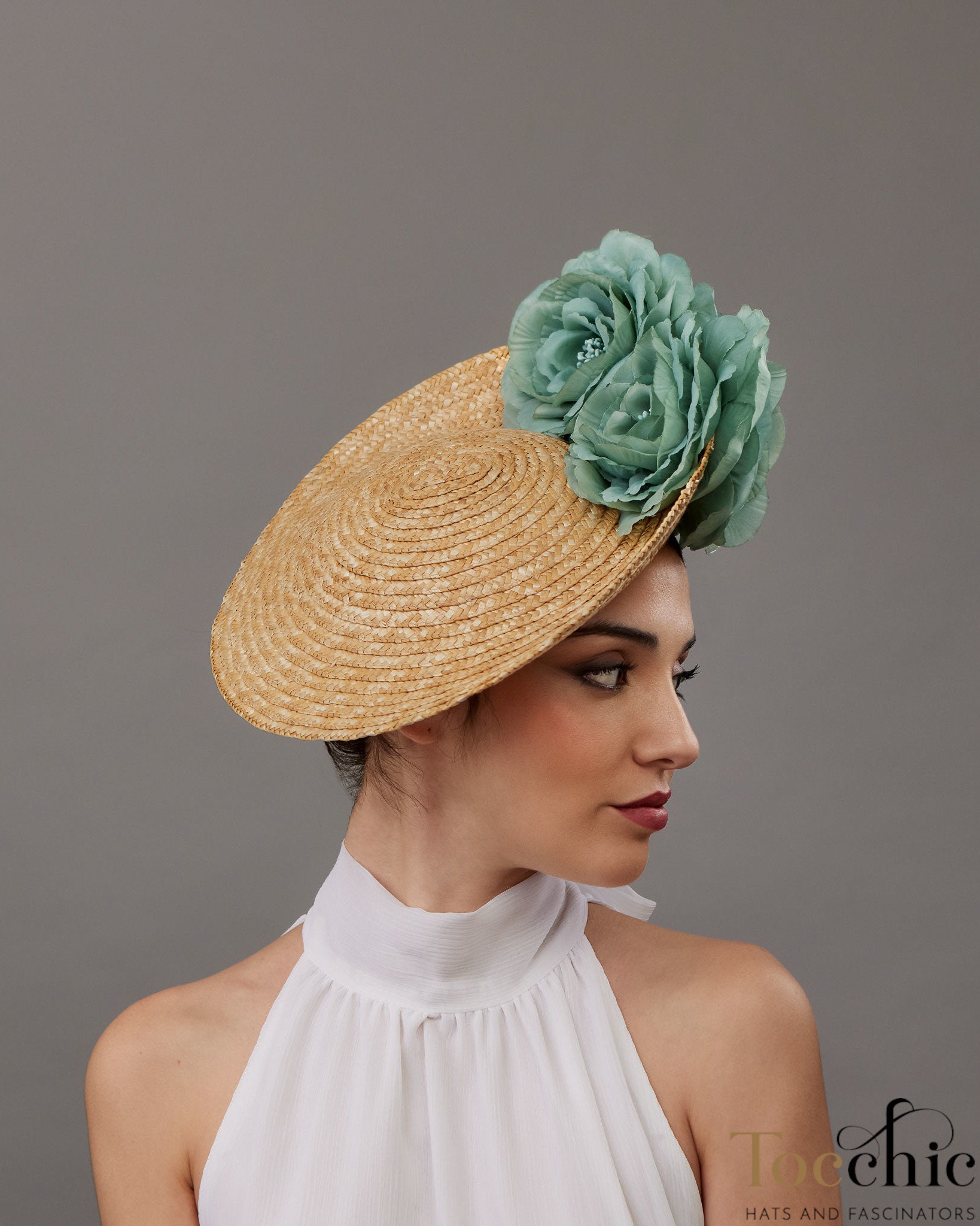 Beige and Light Teal Flower Hat - Straw Wedding Hat - Light 