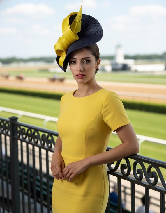Elegant Kentucky derby fascinator for Women blue and yellow - Women Oaks day hat - Royal Ascot ladies hat - KY derby hat with feather Elegant Kentucky derby fascinator for Women blue and yellow - Women Oaks day hat - Royal Ascot ladies hat - KY derby hat with feather