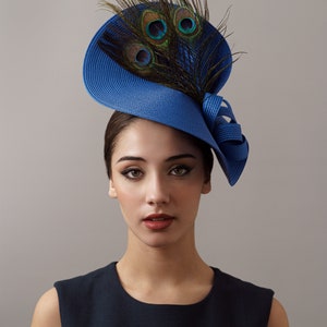 Royal blue peacock derby fascinator hat, Blue oaks derby hat, feathers Royal Ascot hat, peacock ladies hat, women derby hat electric blue image 4