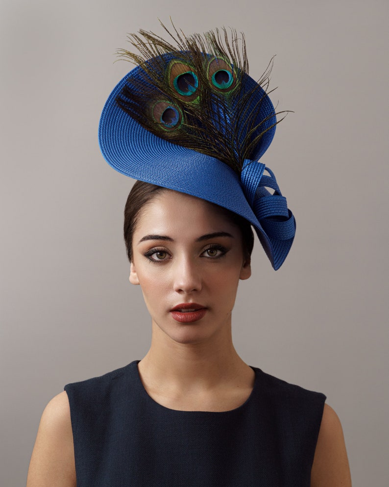 Royal blue peacock derby fascinator hat, Blue oaks derby hat, feathers Royal Ascot hat, peacock ladies hat, women derby hat electric blue image 4