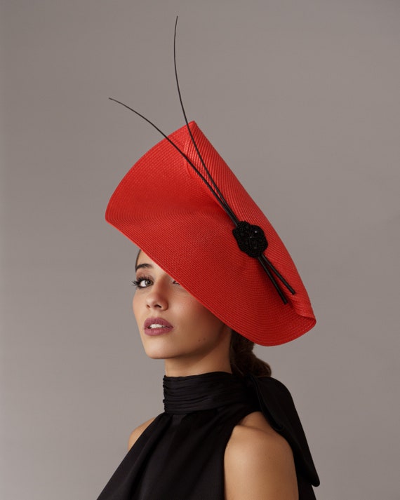 Elegant Red Ascot Hat With Black Feathers Red Wedding Fascinator
