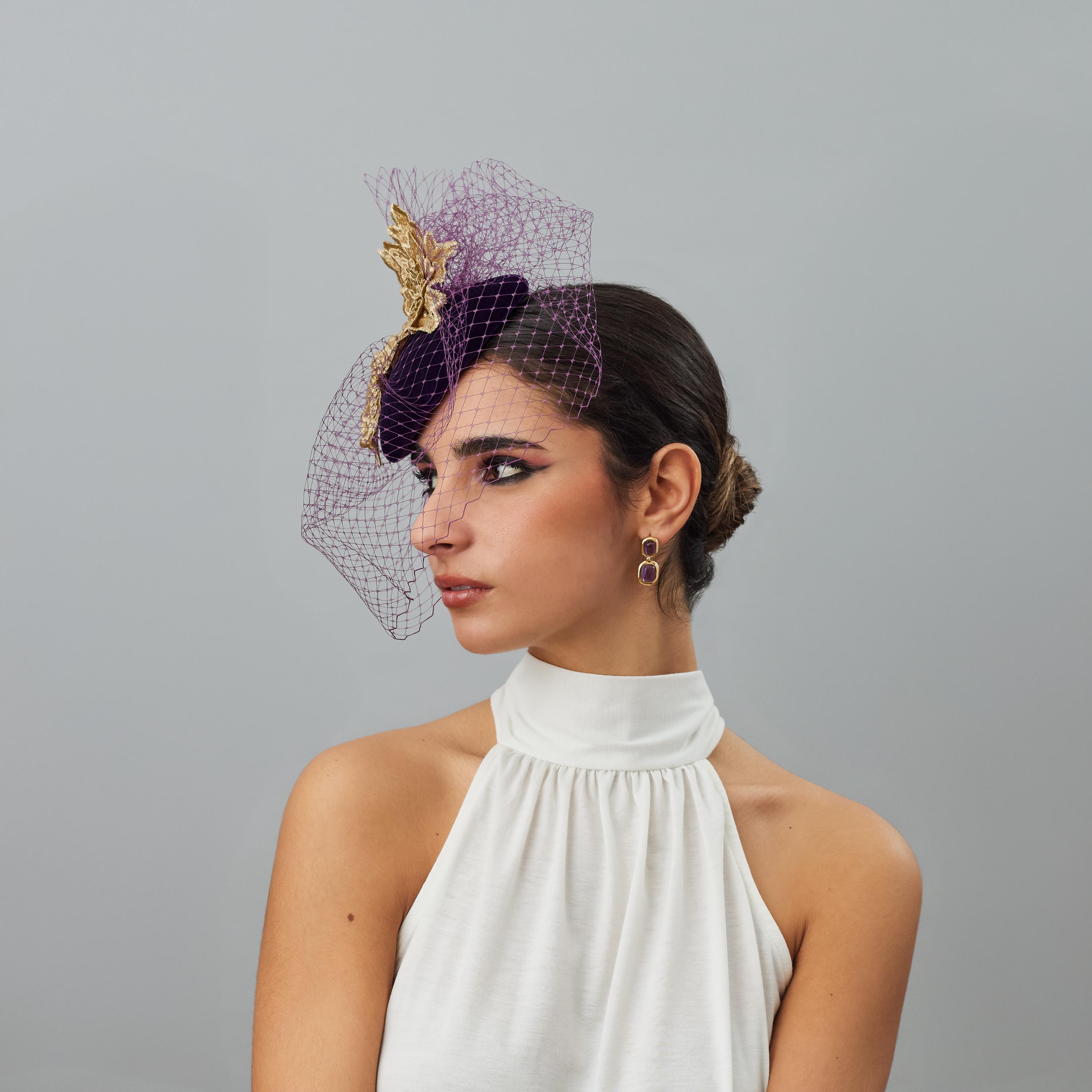 Dark Purple and Gold Wedding Guest Small Fascinator Hat 