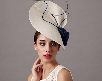 Dark blue and Ivory Royal Ascot hat with feathers - Kentucky Derby navy blue Hat for woman - Wedding garden party hat ivory and blue