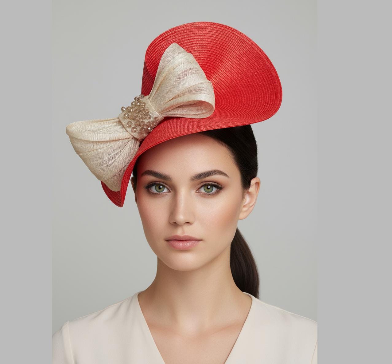 Hopeless Romantic 100% Wool  Red Church Wedding Derby Fascinator Hat with Bow SD28A ( Red Black hat ) Kentucky Derby Hat, Church Hat  main image 3