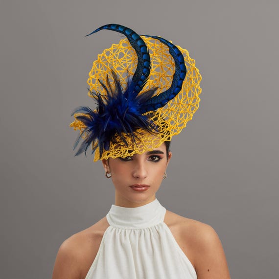Kentucky Derby Royal Blue Feathered Flower and Gold Woven Fascinator Royal Blue Luxury Derby & Ascot Fascinator | Vivien Sheriff main image 3