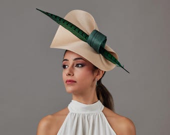 Tea Party green fascinator hat - Royal Ascot champagne hat for woman - Kentucky Derby fascinator - wedding guest - dark green elegant hat