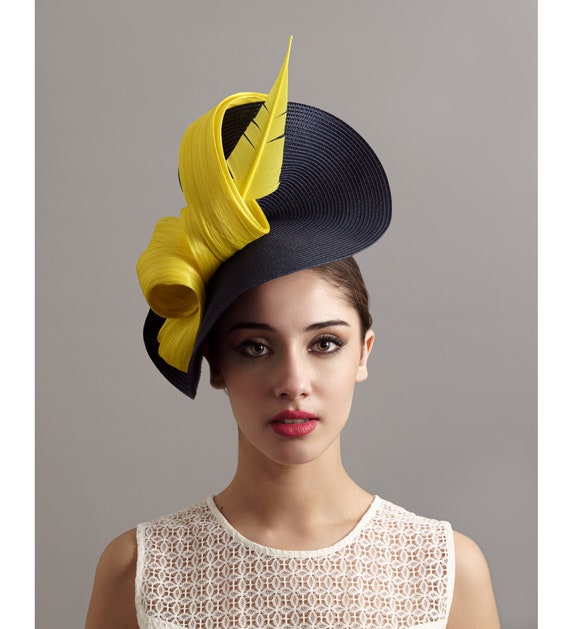Elegant Yellow and Dark Blue Feathered Kentucky Derby Hat Beautiful Kentucky Derby Hat Designed by The Hat Girls main image 3