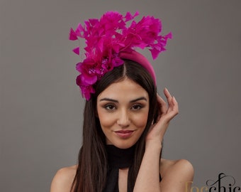 Feathers wedding headband with flower women, headband fascinator pink, Melbourne carnival hat, cocktail small hat with feathers horse races