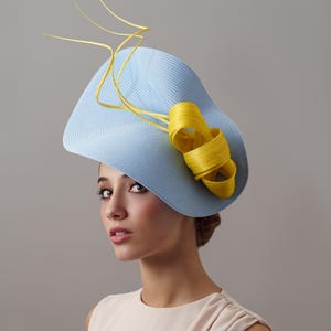 Pale blue Ascot hat, Light blue and Yellow fascinator, Yellow Kentucky derby hat, Feathers wedding hat,Light blue cocktail hat for the races