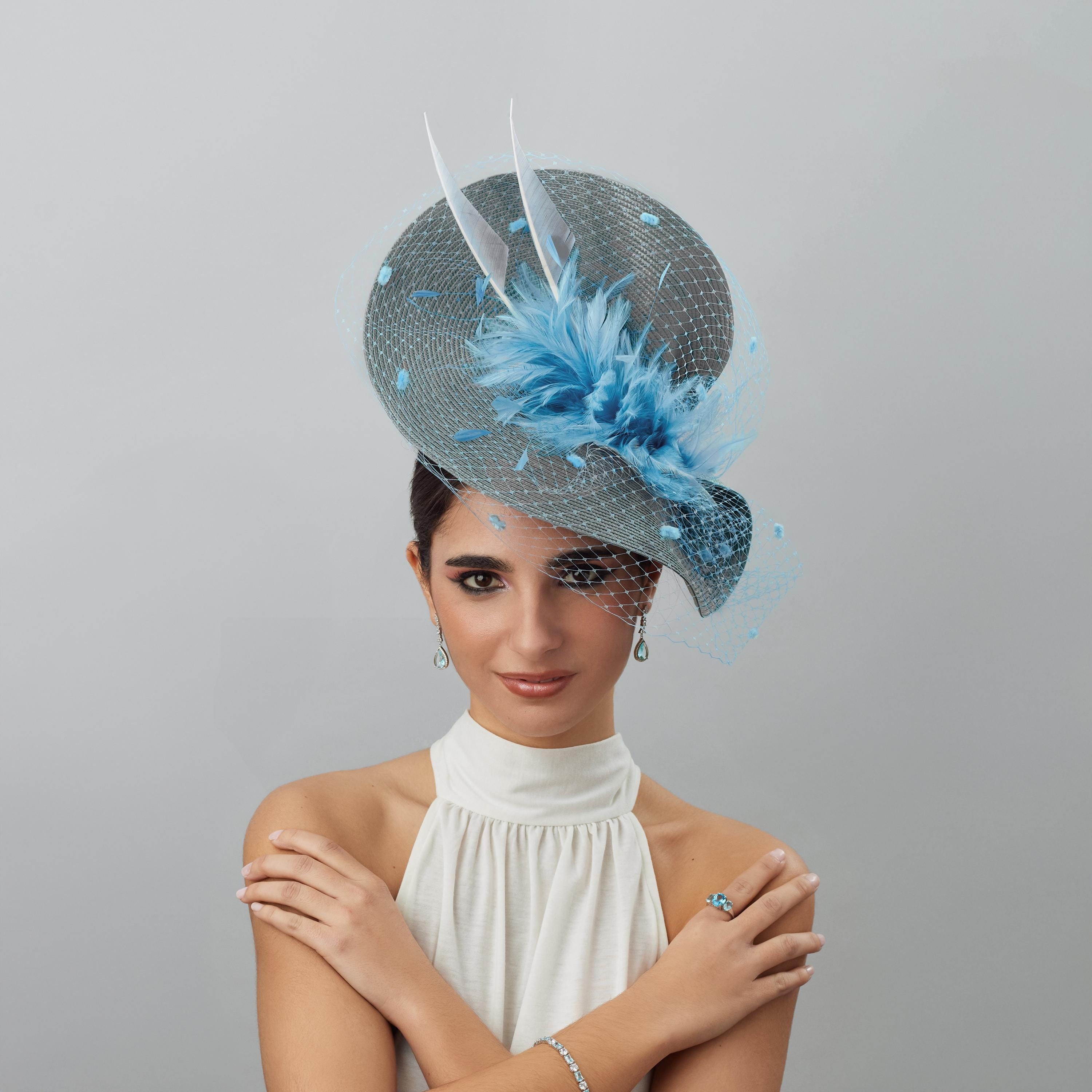 Light Blue and Grey Veil Derby Fascinator - Pale Blue Veil  display picture 1
