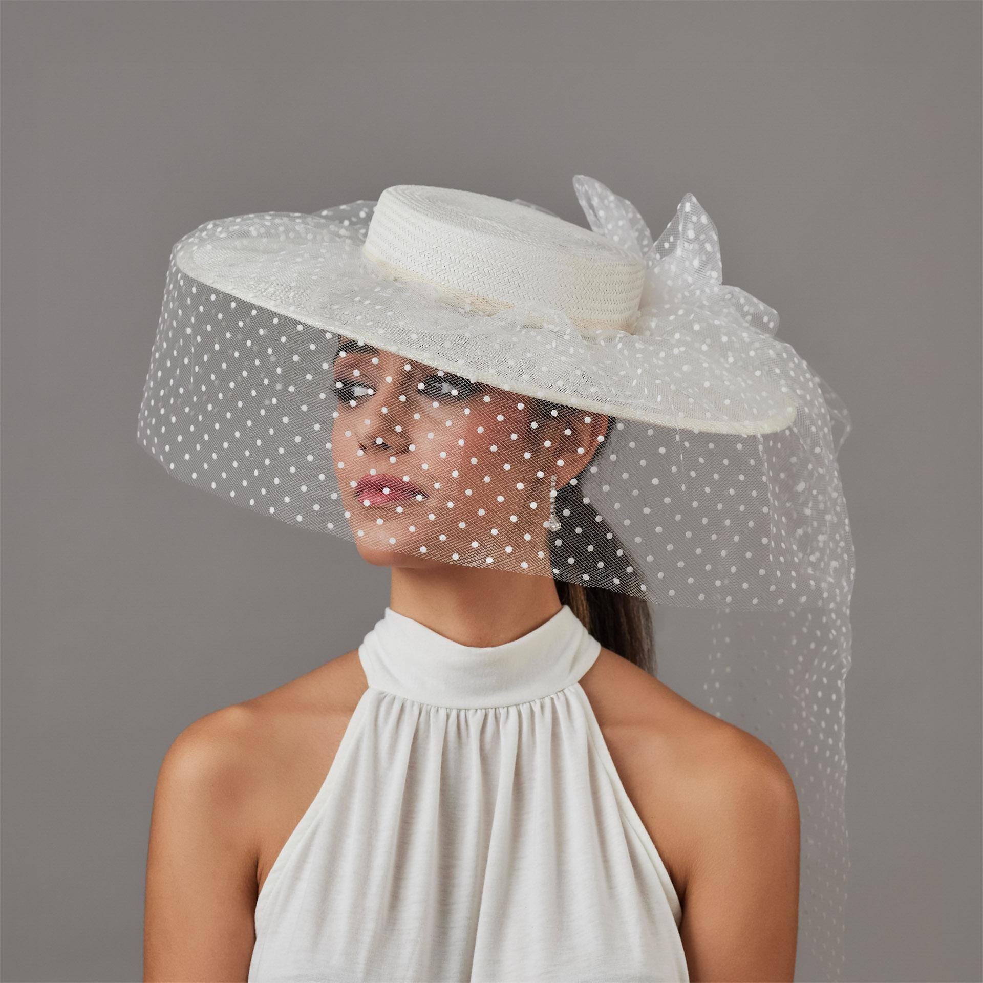 White Bridal Polka Dot Veil Hat - Elegant White Bride  display picture 2