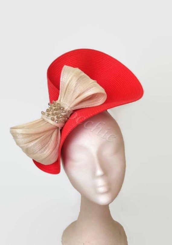 Elegant Red and Cream Fascinator Elegant Bridal Hat Faux Pearl Red Cream Royal Ascot  main image 3