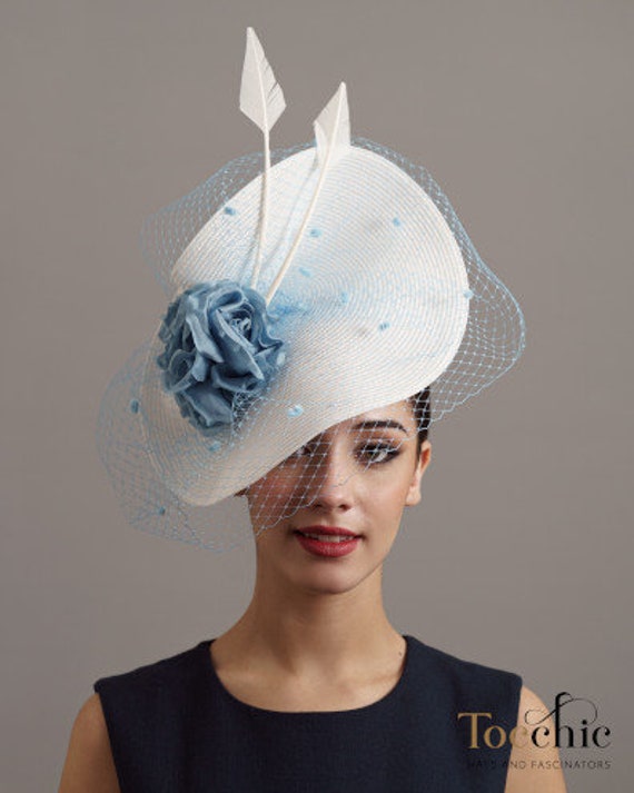 Light Blue and White Big Veil Derby Fascinator Pale Blue Woman Wedding Hat Sky Blue and White Ascot Fascinator Hat bride Party Fascinator Etsy UK