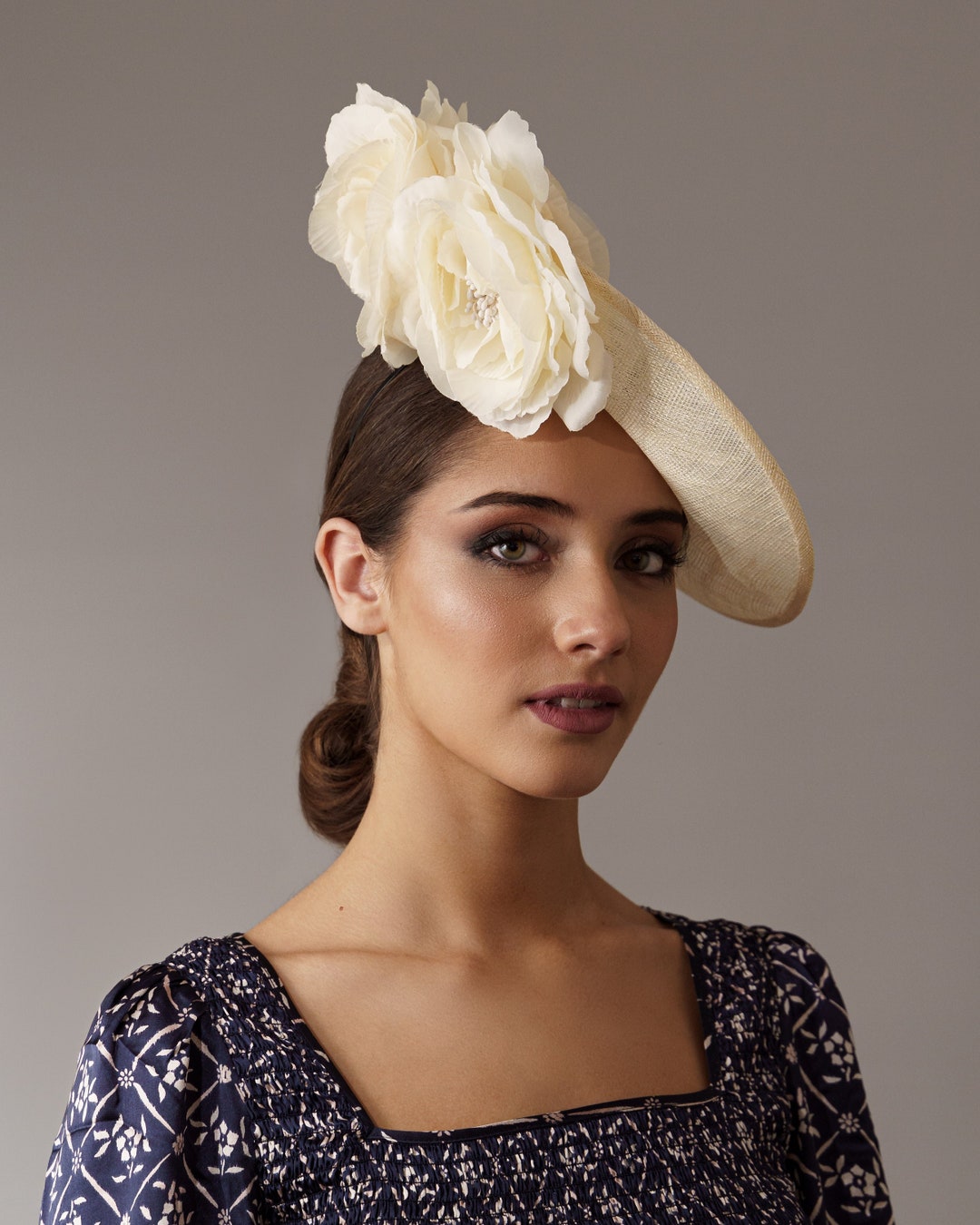 Elegant Cream Wide-Brim Floral Wedding Hat - Brand Cream Wedding Saucer Hat With Flowers - Ivory Royal Ascot  main image 3