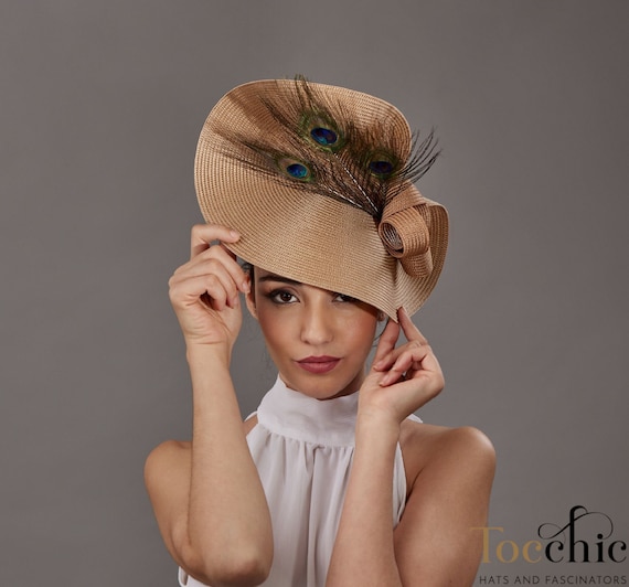 Beige Fascinator Hat for Woman With Peacock Feathers, Camel  display picture 3