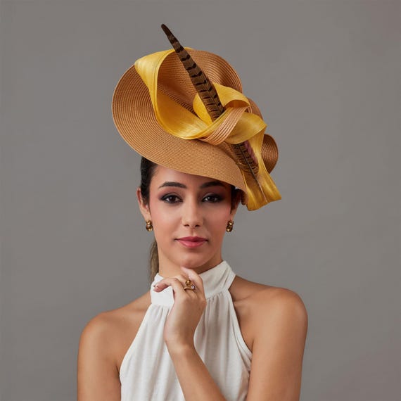 gold dress hat Formal Fascinator Hat Light Gold Fashion Hat Champagne Derby Hat Tea Party  Hat Women Dressy Hat Wedding Polo Ladies Hat Headpiece Headdress