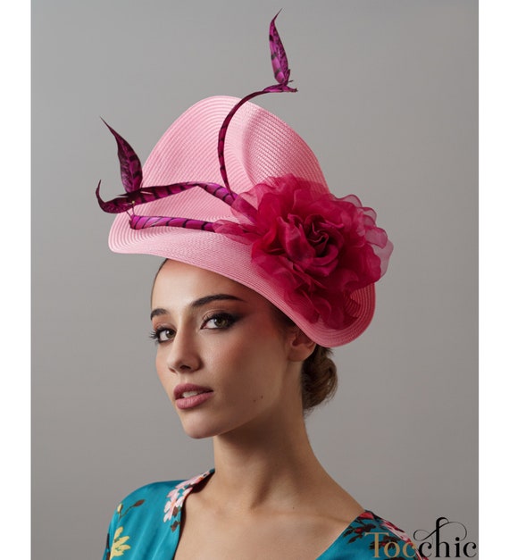 Pink Derby Hats for Women Pale Pink Fascinator Fuchsia Ascot Hat Tea Party Hat Pink Rose Wedding Hat fuchsia Races Hat With Feathers Etsy