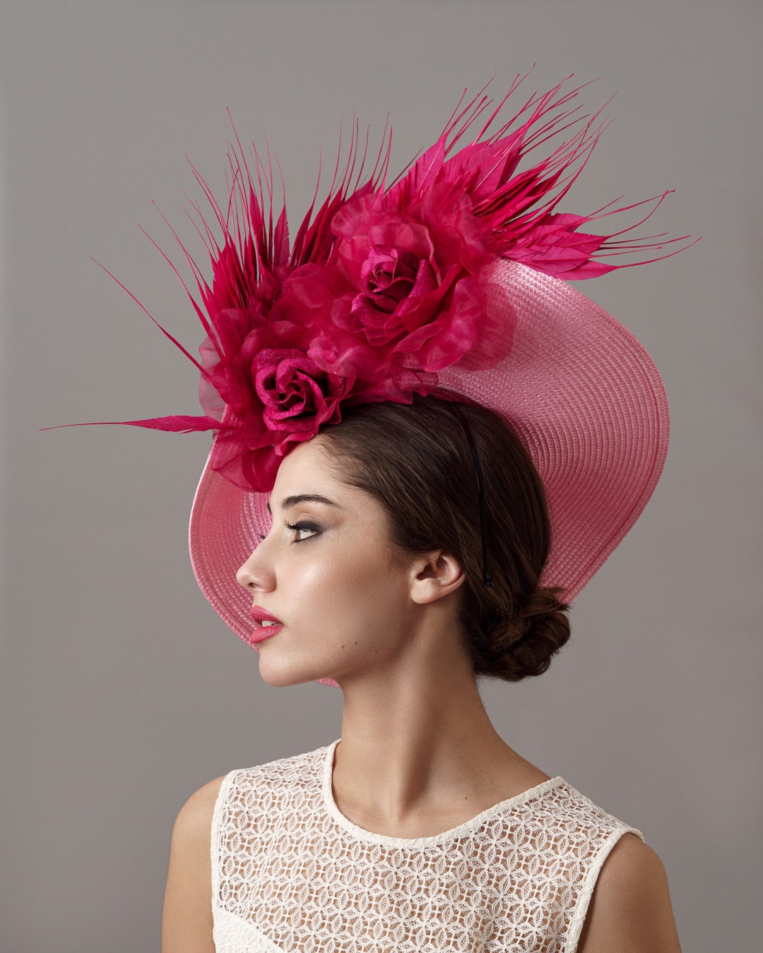 Original Kentucky Derby Hat Pink With Feathers, Women Pink Oaks Hat