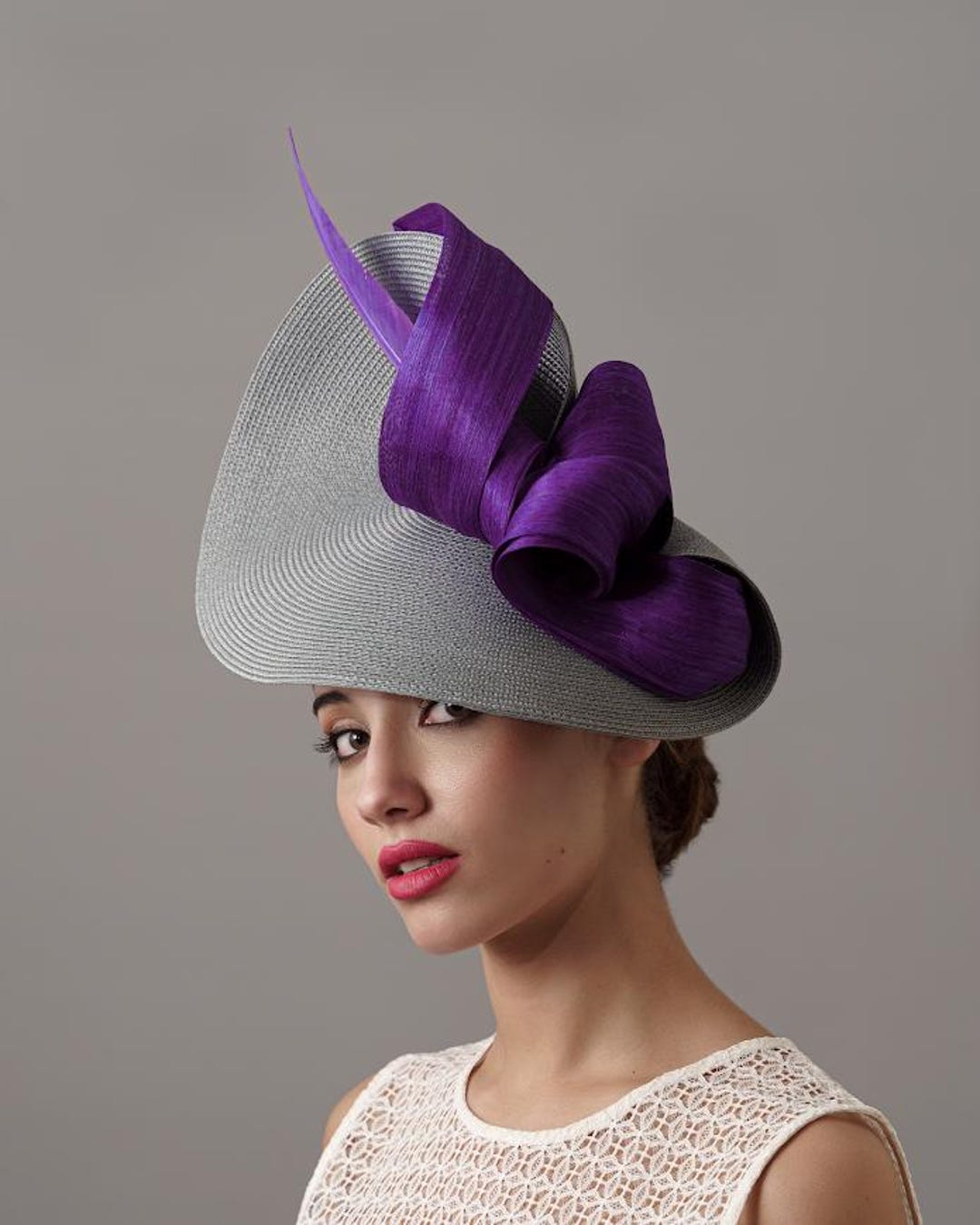 Grey and Purple Lady Royal Ascot Hat, Tea Party Fascinator  display picture 3