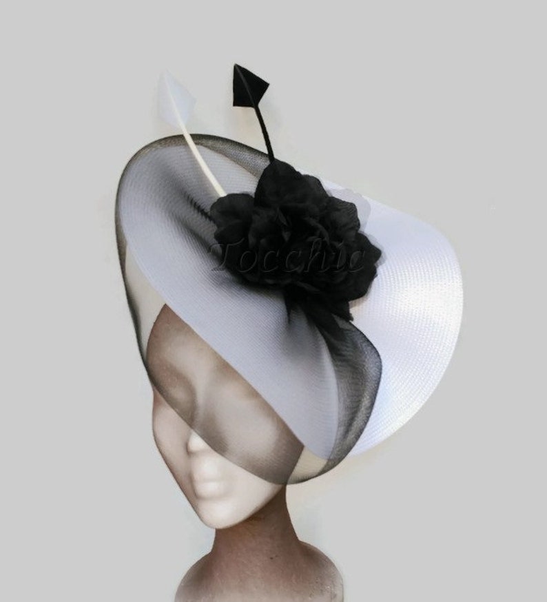 Black and white hat, big white and black hats, black fascinators, white ascot hat, black flower hat, Kentucky derby hat, white races hat 