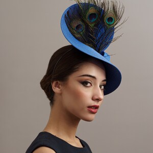 Royal blue peacock derby fascinator hat, Blue oaks derby hat, feathers Royal Ascot hat, peacock ladies hat, women derby hat electric blue image 3