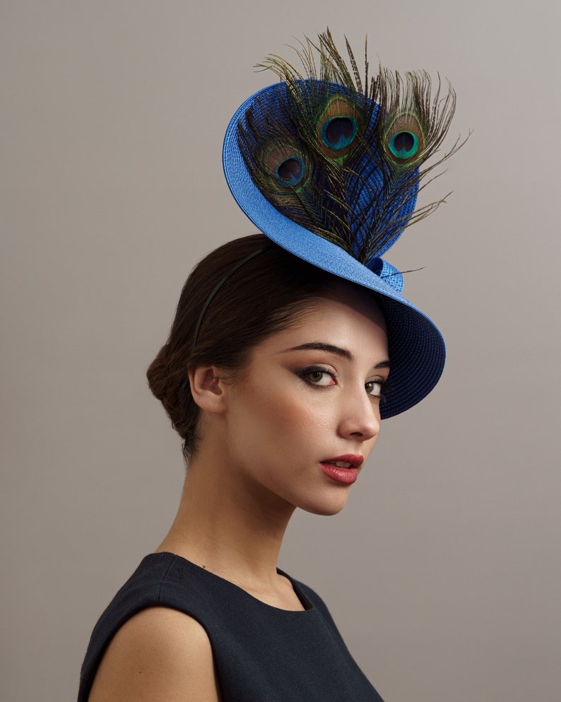 Royal blue peacock derby fascinator hat, Blue oaks derby hat, feathers Royal Ascot hat, peacock ladies hat, women derby hat electric blue image 3