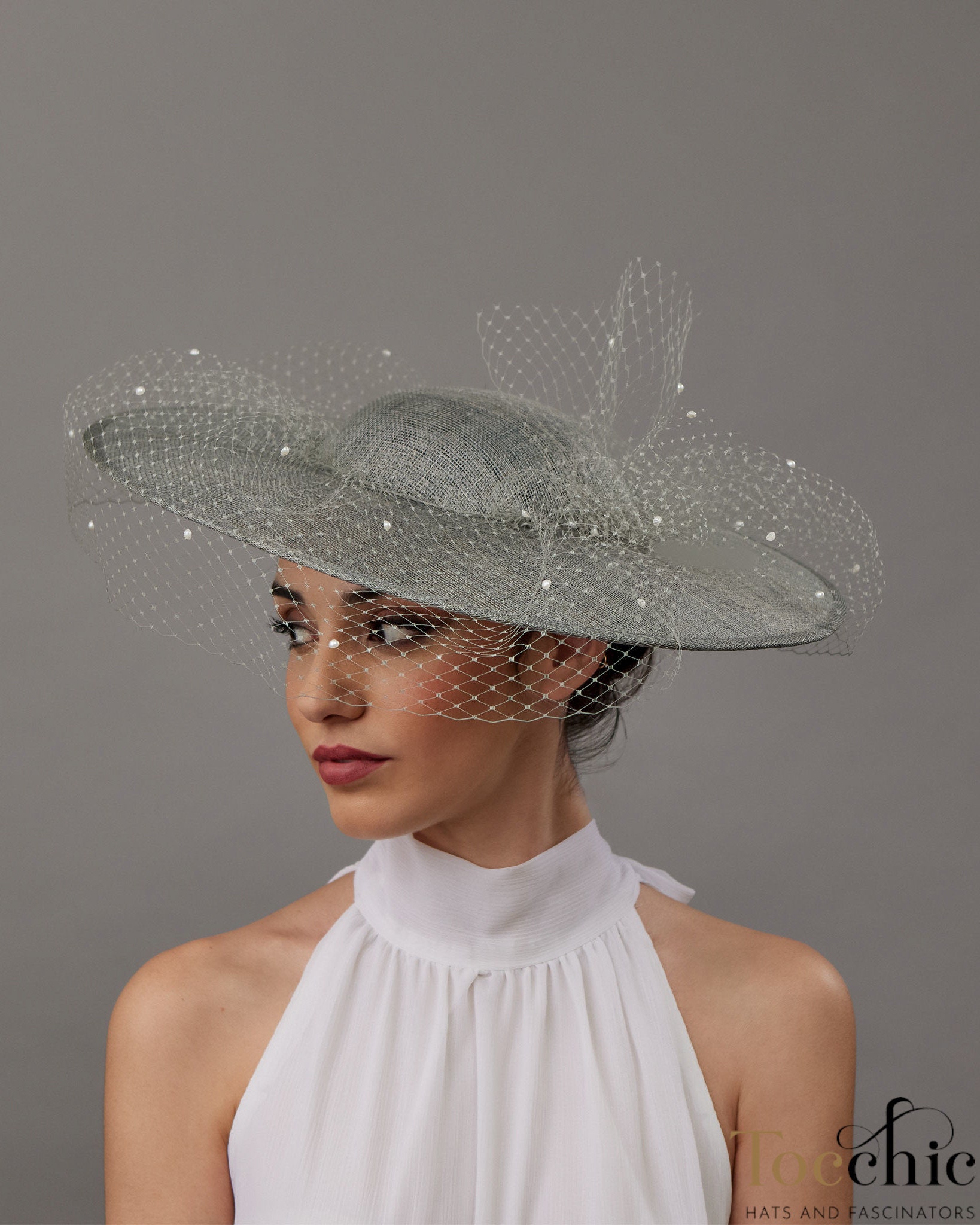 ladies silver dress hats Grey Wedding Hat With Veil - Kentucky Derby Hat for Women - Royal Ascot Hat Grey - Brides Veil Hat - Race Day - Tea Party Hat refined occasion dress