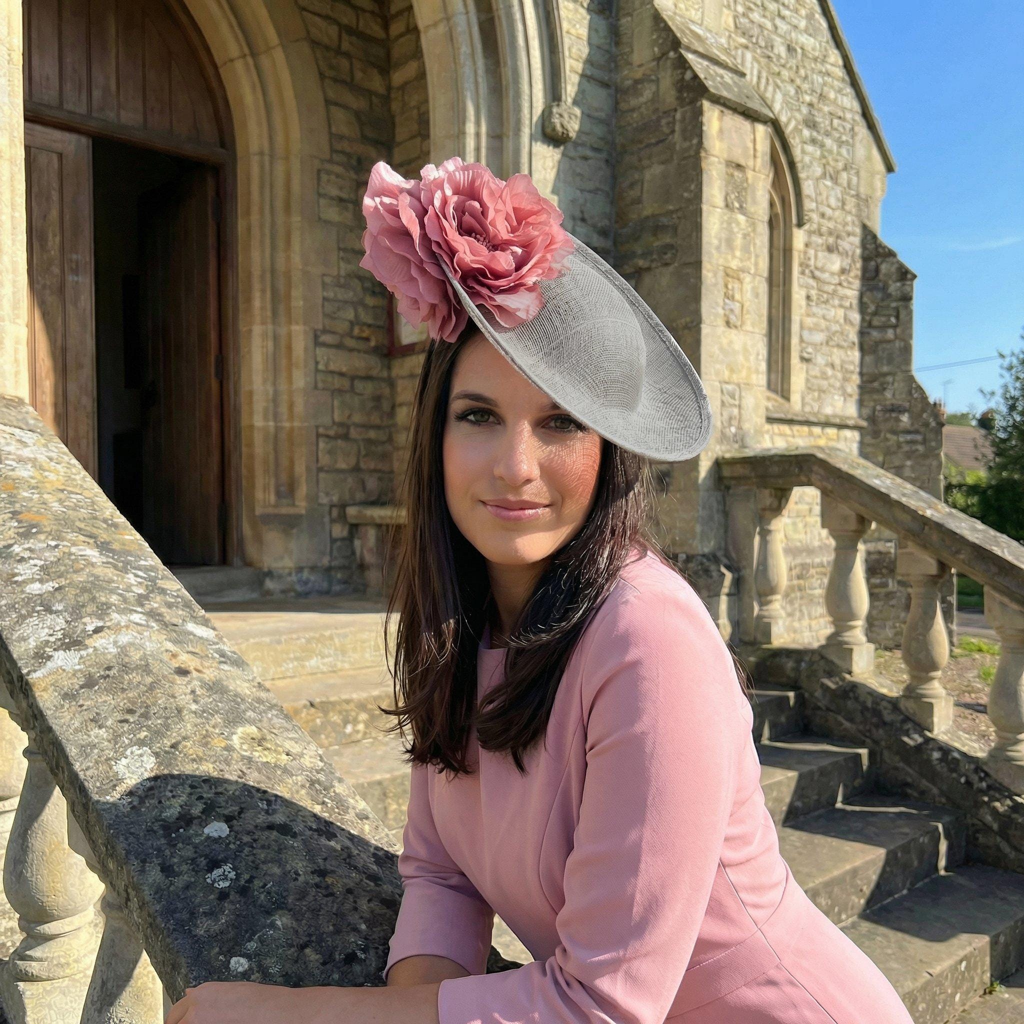 what colour fascinator with grey dress and Pink Fascinator, Gray Saucer Hat, Kentucky Derby Hats, Pink Derby Hats, Grey Races Hats, Grey Wedding Hat, Pink Flower Ascot Hat, Olive Chiffon Bridesmaid