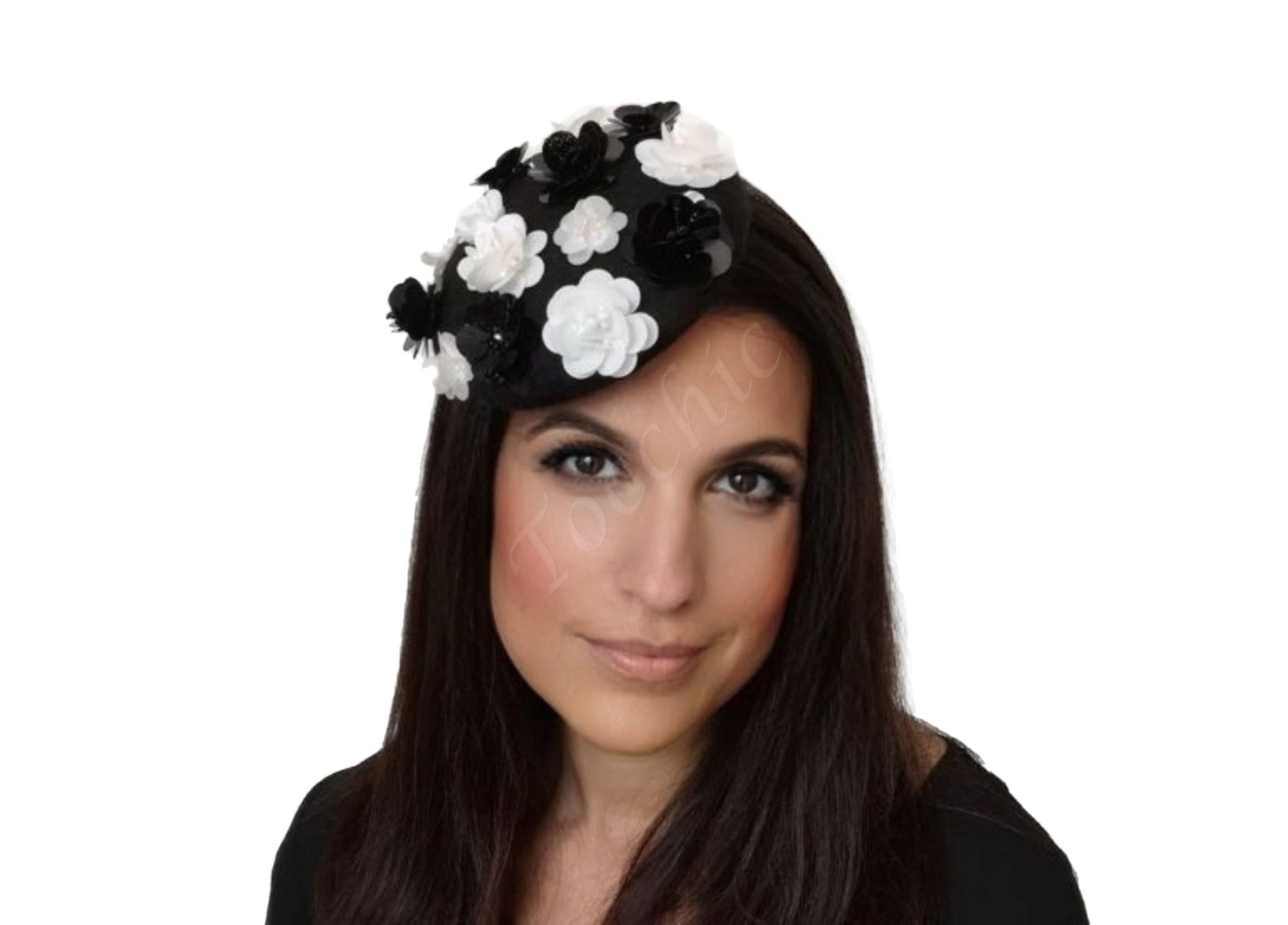 Black Pill Box Hat With Flowers Black 