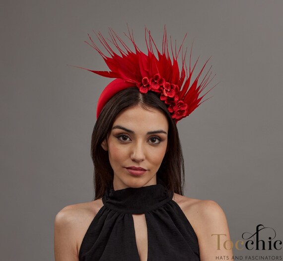 Bridesmaids Feathers Headband Fascinator Red - Lady Tea  display picture 1