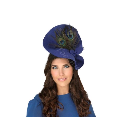 Felt Royal Blue Hat Peacock Feathers 