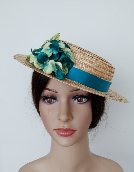 Boater Hat With Turquoise Flower Turquoise Ascot Hatfloral Etsy