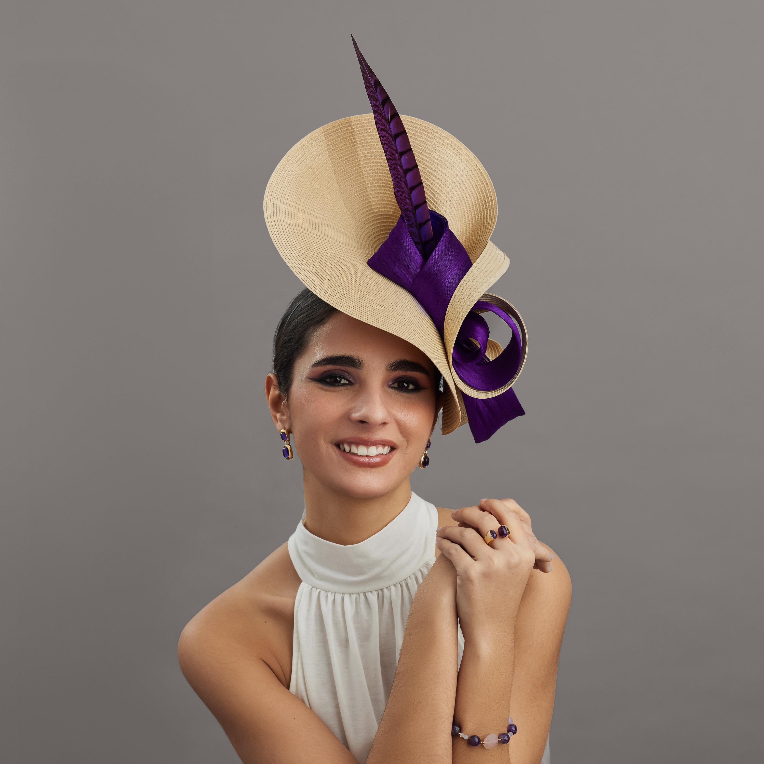 Terramina Purple Gold Double Rosette Hat Church Derby Queen Elizabeth Kentucky Derby Hat Fascinator, Purple and Green Fascinator  main image 4