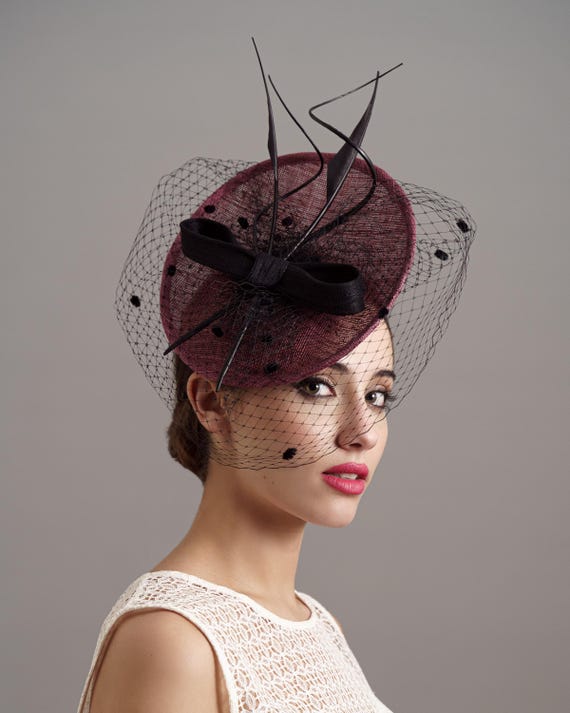 Veil Burgundy Wedding Saucer Hat Women, Maroon Royal Ascot  display picture 1