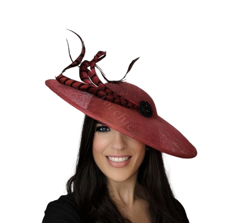 Red and black Kentucky derby hat, Red Ascot Races hat woman, Red wedding hat, Red Feathers derby hat, Red dress hat ladies day Tea Party 