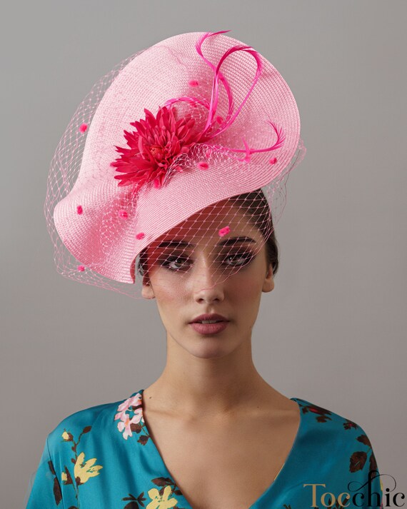 White Pink Fascinator Kentucky Derby Hat Wedding Fascinator Pink Veil Pink Woman Light Pink Kentucky Derby Hat - Pink Large Fascinator  main image 4