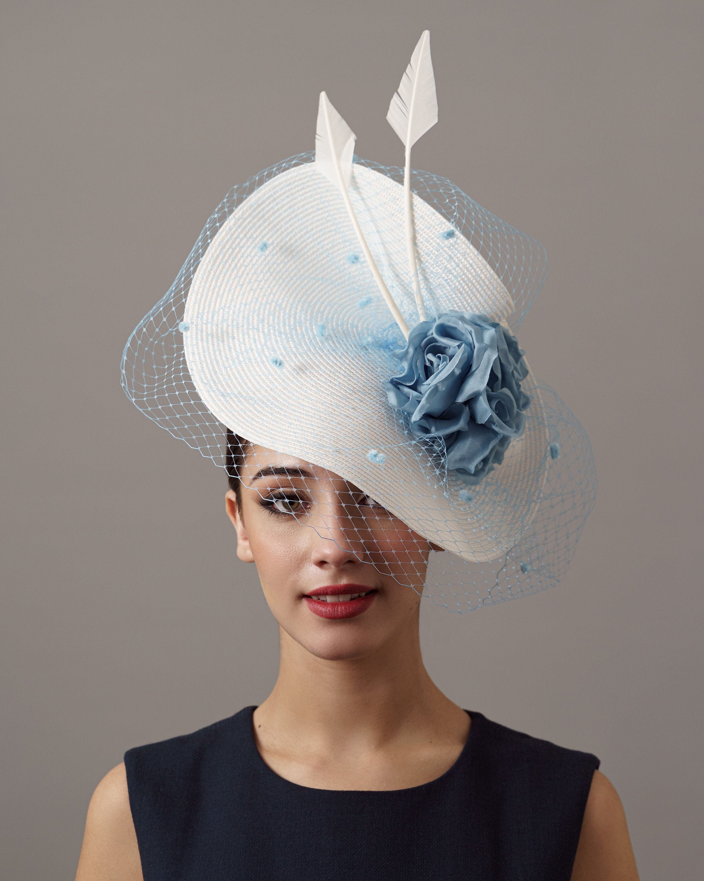 Light Blue and White Big Veil Derby Fascinator, Pale Blue Woman