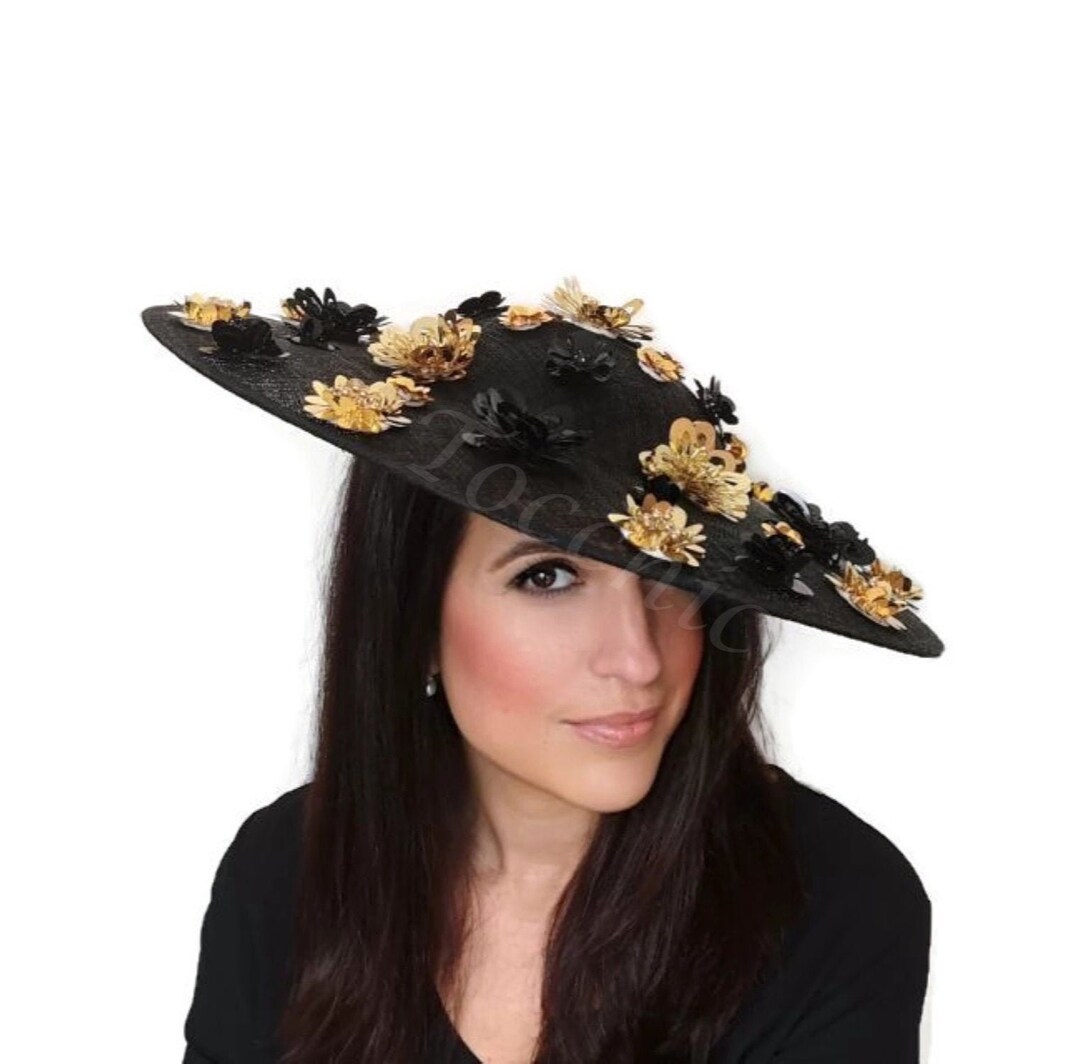 Original Black Kentucky Derby Hat, Woman Royal Ascot Hat Gold, Ladies