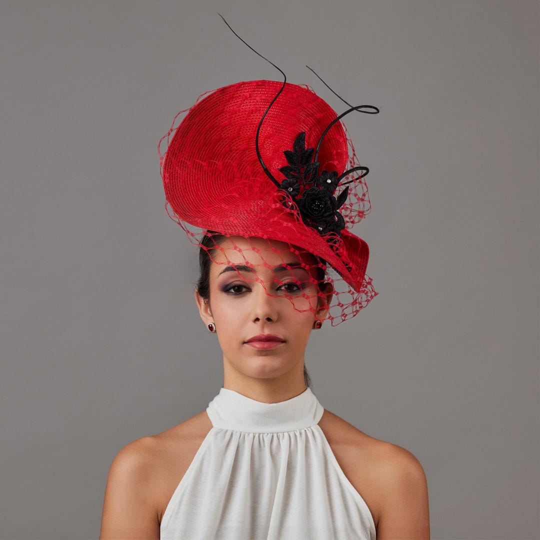 Kentucky Derby Hat Red and Black - Red Fascinator With Veil  display picture 3