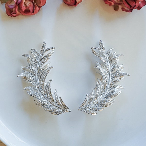 Silver Leaf Spray Hair Clip w/ Rhinestones - Boho Inspired Wedding Hairpiece - UC1038