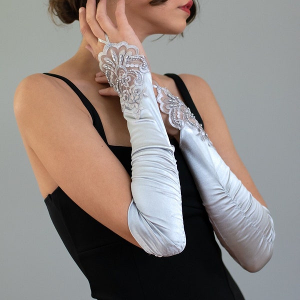 Silver Fingerless Adult Evening Formal Gloves, Classic Wedding Accessory, Bridal Gloves, Prom Accessory, 20s Costume Gloves