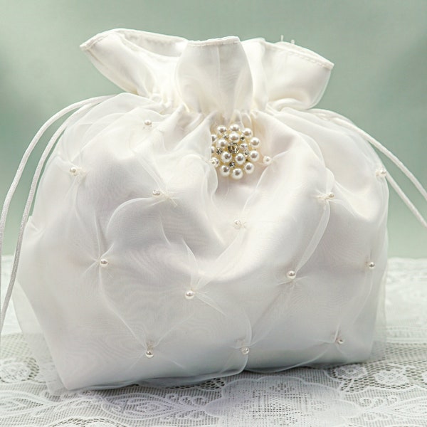 Ivory Crystal Pearl Brides Money Bag, Satin Wedding Money Dance Bag, Bride Dance Bag, Wedding Dollar Dance Bag H381
