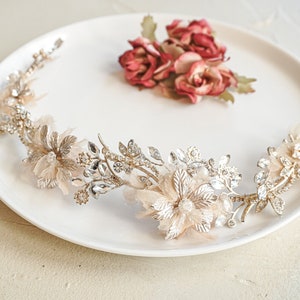 Gold Bridal Headpiece with Metal Floral Design - Romantic Wedding Hairpiece - Vintage-Inspired Bridal Headpiece - with White Pearls (6841)