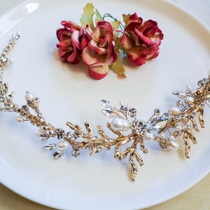 Gold Bridal Hair Clip with Rhinestones - Romantic Wedding Hairpiece - Vintage-Inspired Bridal Hair Clip - with White Pearls (1029)