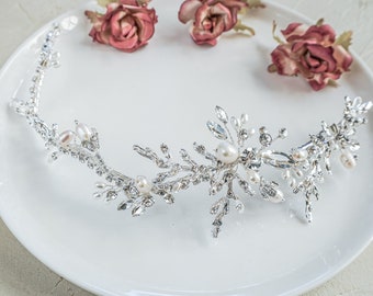 Silver Bridal Hair Clip with Rhinestones - Romantic Wedding Hairpiece - Vintage-Inspired Bridal Hair Clip - with White Pearls (1029)