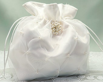 Ivory Crystal Pearl Brides Money Bag, Satin Wedding Money Dance Bag, Bride Dance Bag, Wedding Dollar Dance Bag H381