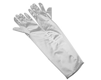 May include: A pair of long white satin gloves. The gloves are fully extended and the fingers are spread apart.