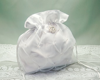 White Crystal Pearl Brides Money Bag, Satin Wedding Money Dance Bag, Bride Dance Bag, Wedding Dollar Dance Bag H381