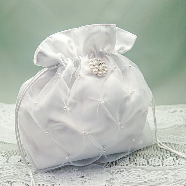 White Crystal Pearl Brides Money Bag, Satin Wedding Money Dance Bag, Bride Dance Bag, Wedding Dollar Dance Bag H381